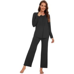imageWiWi Womens Pajamas Set Sleepwear Loungewear Long Sleeve Pajama Sets Soft Pjs Viscose from Bamboo 2 Piece PJ SXXLAblack