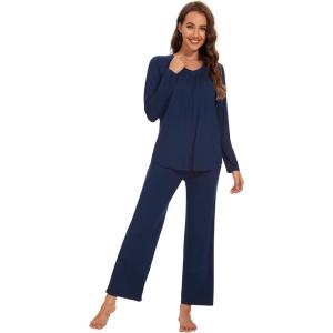 imageWiWi Womens Pajamas Set Sleepwear Loungewear Long Sleeve Pajama Sets Soft Pjs Viscose from Bamboo 2 Piece PJ SXXLAnavy