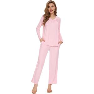 imageWiWi Womens Pajamas Set Sleepwear Loungewear Long Sleeve Pajama Sets Soft Pjs Viscose from Bamboo 2 Piece PJ SXXLApink