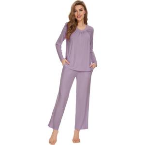 imageWiWi Womens Pajamas Set Sleepwear Loungewear Long Sleeve Pajama Sets Soft Pjs Viscose from Bamboo 2 Piece PJ SXXLAviolet
