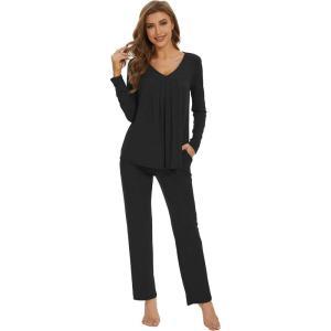 imageWiWi Womens Pajamas Set Sleepwear Loungewear Long Sleeve Pajama Sets Soft Pjs Viscose from Bamboo 2 Piece PJ SXXLBblack