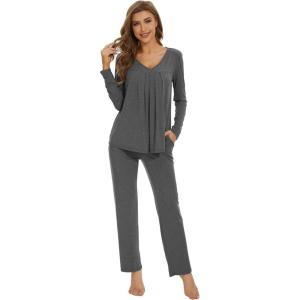 imageWiWi Womens Pajamas Set Sleepwear Loungewear Long Sleeve Pajama Sets Soft Pjs Viscose from Bamboo 2 Piece PJ SXXLBdark Heather Grey