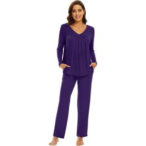 imageWiWi Womens Pajamas Set Sleepwear Loungewear Long Sleeve Pajama Sets Soft Pjs Viscose from Bamboo 2 Piece PJ SXXLBdark Purple