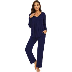 imageWiWi Womens Pajamas Set Sleepwear Loungewear Long Sleeve Pajama Sets Soft Pjs Viscose from Bamboo 2 Piece PJ SXXLBnavy