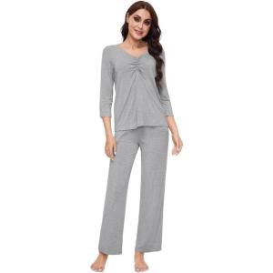imageWiWi Womens Pajamas Set Sleepwear Loungewear Long Sleeve Pajama Sets Soft Pjs Viscose from Bamboo 2 Piece PJ SXXLDheather Grey
