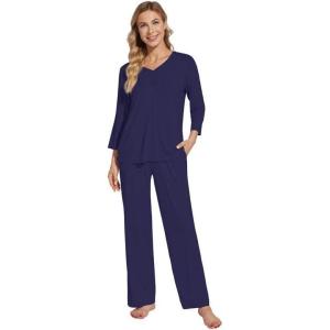 imageWiWi Womens Pajamas Set Sleepwear Loungewear Long Sleeve Pajama Sets Soft Pjs Viscose from Bamboo 2 Piece PJ SXXLDnavy