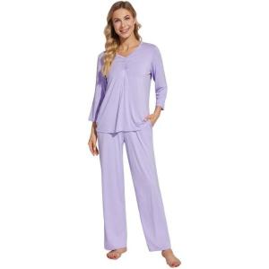 imageWiWi Womens Pajamas Set Sleepwear Loungewear Long Sleeve Pajama Sets Soft Pjs Viscose from Bamboo 2 Piece PJ SXXLDtaro Purple