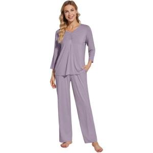 imageWiWi Womens Pajamas Set Sleepwear Loungewear Long Sleeve Pajama Sets Soft Pjs Viscose from Bamboo 2 Piece PJ SXXLDviolet