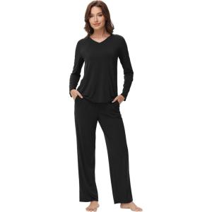 imageWiWi Womens Pajamas Set with Long Sleeve and Pants Soft Loungewear Comfortable Sleepwear Viscose from Bamboo SXXLBlack