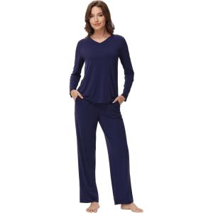 imageWiWi Womens Pajamas Set with Long Sleeve and Pants Soft Loungewear Comfortable Sleepwear Viscose from Bamboo SXXLNavy
