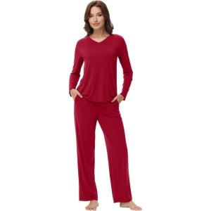 imageWiWi Womens Pajamas Set with Long Sleeve and Pants Soft Loungewear Comfortable Sleepwear Viscose from Bamboo SXXLWine Red