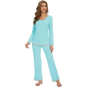 imageWiWi Womens Viscose from Bamboo Pajama Sets Soft Long Sleeves Top with Pants Loose 2 Pieces Loungewear Set SXXLAaqua
