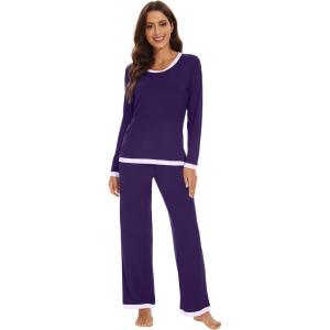 imageWiWi Womens Viscose from Bamboo Pajama Sets Soft Long Sleeves Top with Pants Loose 2 Pieces Loungewear Set SXXLAdark Purple
