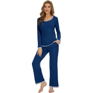 imageWiWi Womens Viscose from Bamboo Pajama Sets Soft Long Sleeves Top with Pants Loose 2 Pieces Loungewear Set SXXLAink Blue