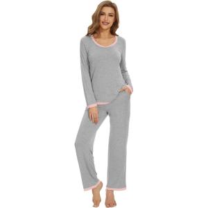 imageWiWi Womens Viscose from Bamboo Pajama Sets Soft Long Sleeves Top with Pants Loose 2 Pieces Loungewear Set SXXLAlight Heather Grey