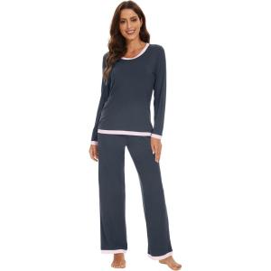 imageWiWi Womens Viscose from Bamboo Pajama Sets Soft Long Sleeves Top with Pants Loose 2 Pieces Loungewear Set SXXLAmidnight Blue