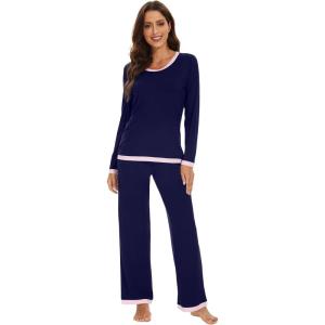 imageWiWi Womens Viscose from Bamboo Pajama Sets Soft Long Sleeves Top with Pants Loose 2 Pieces Loungewear Set SXXLAnavy
