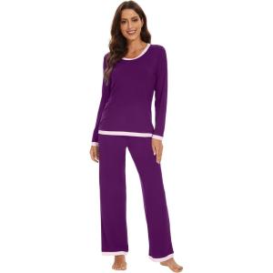 imageWiWi Womens Viscose from Bamboo Pajama Sets Soft Long Sleeves Top with Pants Loose 2 Pieces Loungewear Set SXXLApurplish Red