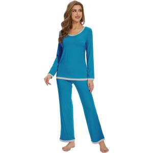 imageWiWi Womens Viscose from Bamboo Pajama Sets Soft Long Sleeves Top with Pants Loose 2 Pieces Loungewear Set SXXLAteal Blue