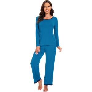 imageWiWi Womens Viscose from Bamboo Pajama Sets Soft Long Sleeves Top with Pants Loose 2 Pieces Loungewear Set SXXLBteal Blue
