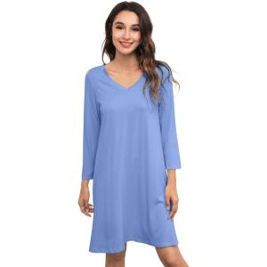 imageWiWi Bamboo Viscose Nightgowns for Women Soft Long Sleeve Nightgown Plus Size Sleep Shirt Pajama Gown Sleepwear S4XAsky Blue