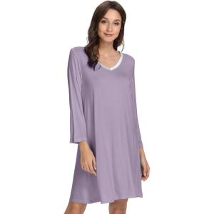 imageWiWi Bamboo Viscose Nightgowns for Women Soft Long Sleeve Nightgown Plus Size Sleep Shirt Pajama Gown Sleepwear S4XAviolet
