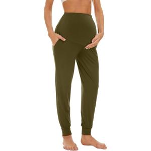 imageWiWi Womens Viscose from Bamboo Maternity Pants Soft Over The Belly Pregnancy Leggings High Waist Stretchy BottomsAdark Army Green