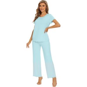imageWiWi Bamboo Viscose Pajamas for Women Soft Comfy Loungewear Short Sleeve Tops and Long Pants Sleepwear Pjs SXXLAaqua