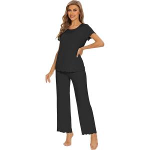 imageWiWi Bamboo Viscose Pajamas for Women Soft Comfy Loungewear Short Sleeve Tops and Long Pants Sleepwear Pjs SXXLAblack