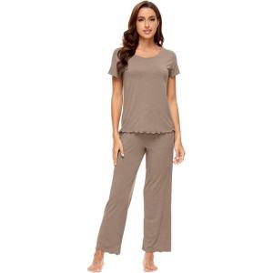 imageWiWi Bamboo Viscose Pajamas for Women Soft Comfy Loungewear Short Sleeve Tops and Long Pants Sleepwear Pjs SXXLAcamel