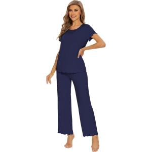 imageWiWi Bamboo Viscose Pajamas for Women Soft Comfy Loungewear Short Sleeve Tops and Long Pants Sleepwear Pjs SXXLAnavy