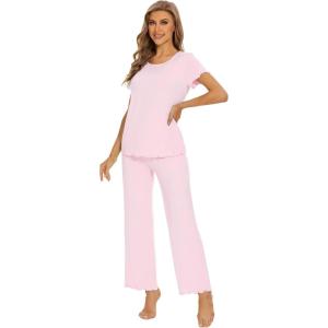 imageWiWi Bamboo Viscose Pajamas for Women Soft Comfy Loungewear Short Sleeve Tops and Long Pants Sleepwear Pjs SXXLApink