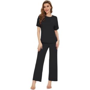 imageWiWi Bamboo Viscose Pajamas for Women Soft Comfy Loungewear Short Sleeve Tops and Long Pants Sleepwear Pjs SXXLBblack