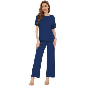 imageWiWi Bamboo Viscose Pajamas for Women Soft Comfy Loungewear Short Sleeve Tops and Long Pants Sleepwear Pjs SXXLBblue Depth