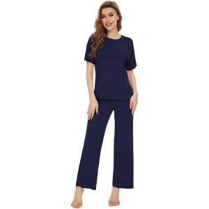 imageWiWi Bamboo Viscose Pajamas for Women Soft Comfy Loungewear Short Sleeve Tops and Long Pants Sleepwear Pjs SXXLBnavy