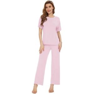 imageWiWi Bamboo Viscose Pajamas for Women Soft Comfy Loungewear Short Sleeve Tops and Long Pants Sleepwear Pjs SXXLBpink