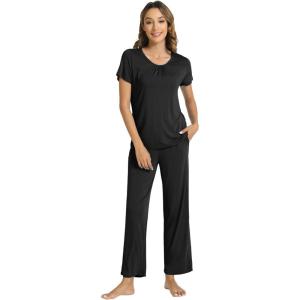 imageWiWi Bamboo Viscose Pajamas for Women Soft Comfy Loungewear Short Sleeve Tops and Long Pants Sleepwear Pjs SXXLCblack