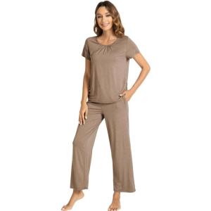 imageWiWi Bamboo Viscose Pajamas for Women Soft Comfy Loungewear Short Sleeve Tops and Long Pants Sleepwear Pjs SXXLCcamel