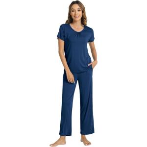 imageWiWi Bamboo Viscose Pajamas for Women Soft Comfy Loungewear Short Sleeve Tops and Long Pants Sleepwear Pjs SXXLCink Blue