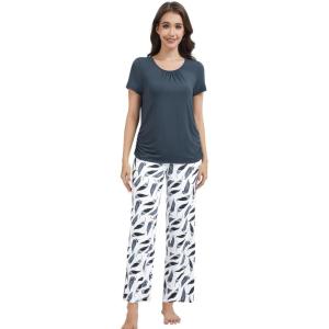 imageWiWi Bamboo Viscose Pajamas for Women Soft Comfy Loungewear Short Sleeve Tops and Long Pants Sleepwear Pjs SXXLCmidnight Blue Feather