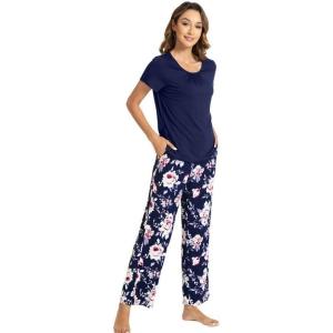imageWiWi Bamboo Viscose Pajamas for Women Soft Comfy Loungewear Short Sleeve Tops and Long Pants Sleepwear Pjs SXXLCnavyPeony