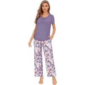 imageWiWi Bamboo Viscose Pajamas for Women Soft Comfy Loungewear Short Sleeve Tops and Long Pants Sleepwear Pjs SXXLCpurpleFloral