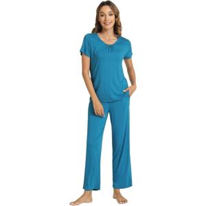 imageWiWi Bamboo Viscose Pajamas for Women Soft Comfy Loungewear Short Sleeve Tops and Long Pants Sleepwear Pjs SXXLCteal Blue