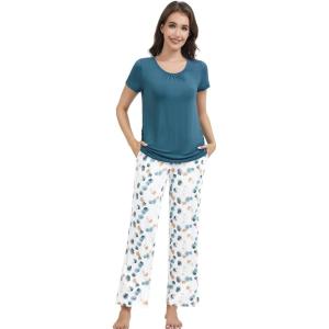 imageWiWi Bamboo Viscose Pajamas for Women Soft Comfy Loungewear Short Sleeve Tops and Long Pants Sleepwear Pjs SXXLCwhiteGreen Dots
