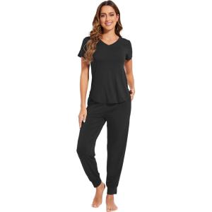 imageWiWi Pajamas for Women Soft Pajama Sets Short Sleeve Tops with Jogger Pants Viscose from Bamboo Pjs SXXLBlack