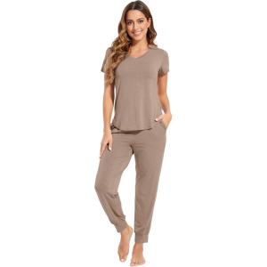imageWiWi Pajamas for Women Soft Pajama Sets Short Sleeve Tops with Jogger Pants Viscose from Bamboo Pjs SXXLCamel