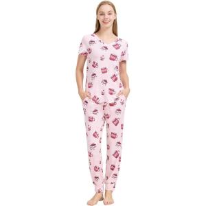 imageWiWi Pajamas for Women Soft Pajama Sets Short Sleeve Tops with Jogger Pants Viscose from Bamboo Pjs SXXLCoffee Cup