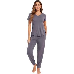 imageWiWi Pajamas for Women Soft Pajama Sets Short Sleeve Tops with Jogger Pants Viscose from Bamboo Pjs SXXLDark Grey