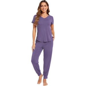 imageWiWi Pajamas for Women Soft Pajama Sets Short Sleeve Tops with Jogger Pants Viscose from Bamboo Pjs SXXLLavender