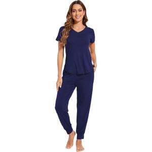 imageWiWi Pajamas for Women Soft Pajama Sets Short Sleeve Tops with Jogger Pants Viscose from Bamboo Pjs SXXLNavy